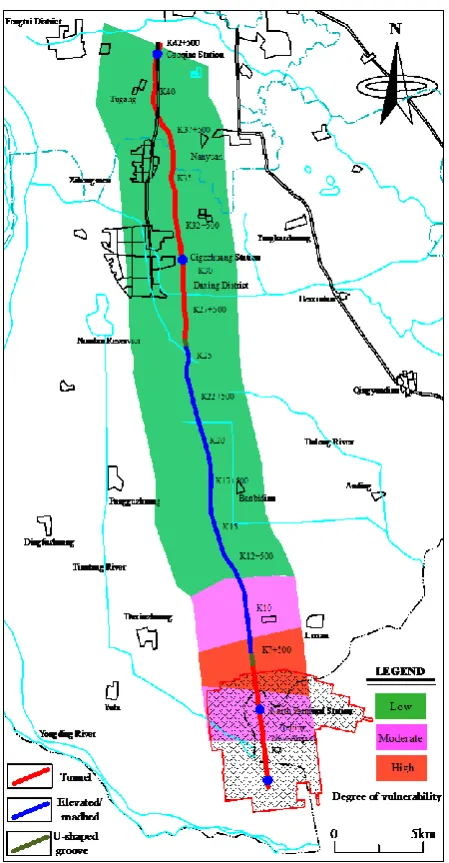 Figure 7. Integrated vulnerability map of Beijing New Airport Line combining several parameters with land subsidence