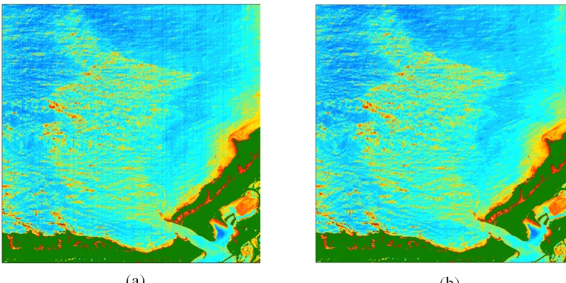 Figure 8. Panel (a) shows the destriped image scene of the panel (a) in Fig. 7 from NASA’s vicarious calibration of The L2 (*.nc) productmethod