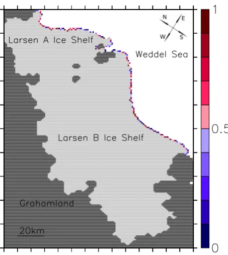 Fig. 8. Snapshot of a realistic steady state model simulation of RossIce shelf (light gray) with grounded parts (dark gray) and the ice-26free ocean (white)