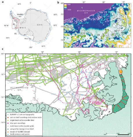 Fig. 1. (a) Location map showing the Antarctic ice sheets, the continental shelf edge (blue) and area covered by the new bathymetry grid(red); South Pole Stereographic projection