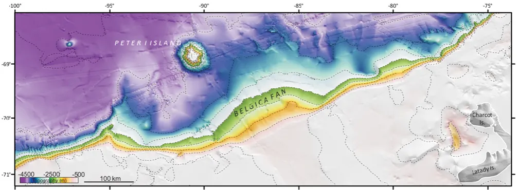 Fig. 3. New bathymetry for the Bellingshausen Sea continental margin, shaded to accentuate features on the continental slope and rise.Mercator projection