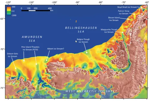 Fig. 5. Compilation of bathymetric charts for the West Antarctic Paciﬁc margin (this study; Rebesco et al., 1998; Nitsche et al., 2007;Bolmer, 2008; Le Brocq et al., 2010), illustrating cross-shelf morphologies which were the principle drainage pathways fo