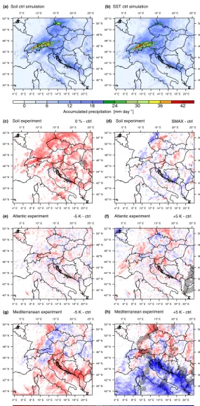 Figure 5. Panel (a) shows the accumulated precipitation (mm day−1) for the control simulation of the soil moisture experiments averagedover the ﬁve Vb events