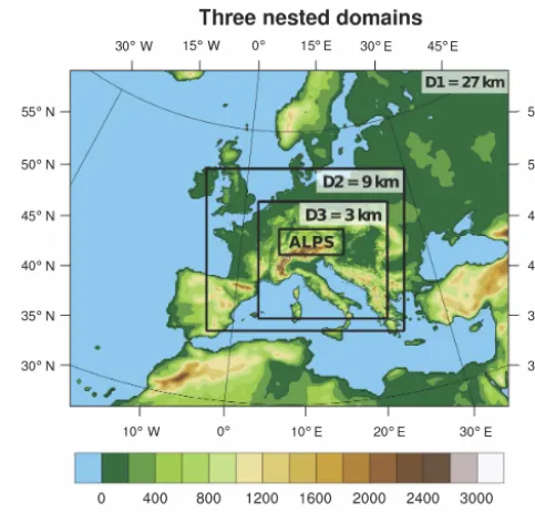 Figure 1. The three nested domains (D1 to D3) with their actualresolution are depicted as black boxes