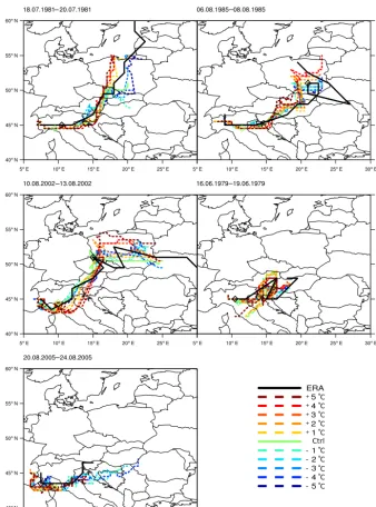 Figure 3. Tracks for the ﬁve different Vb events. The black line depicts the tracks that are obtained using the ERA-Interim data set
