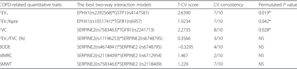 Table 2 The best models identified by QMDR for COPD-related quantitative traits in Chinese Han population (n = 310 patients)