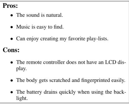 Table 1:A part of automatically constructedpolarity-tagged corpus.labelopinion sentence