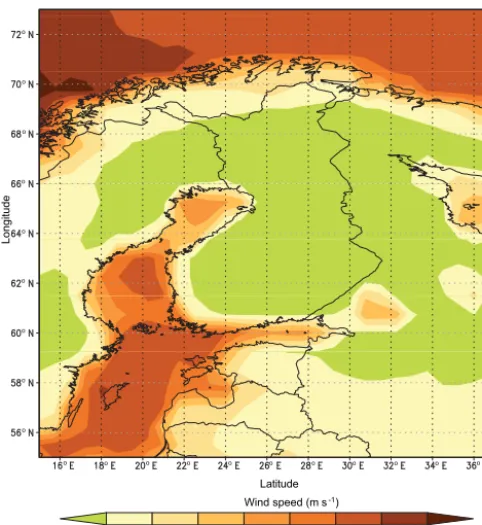 Figure 1. Ten-year return level of maximum wind speed calcu-lated using ERA-Interim 1979–2015 data and the GEV analysis ap-proach.