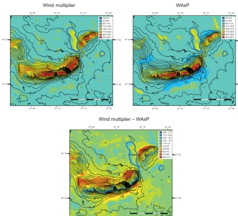 Figure 8. Comparison of the spatial variation in wind speed as estimated, using the wind multiplier approach, calculated using the WAsPprogram