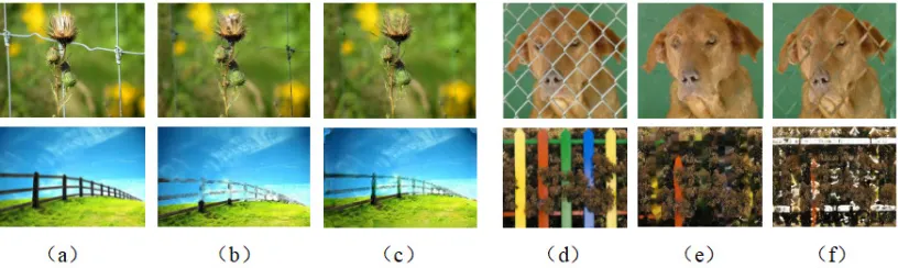 Figure 4. (b), (e) are images inpainted by traditional method. (c), (f) by deep learning method