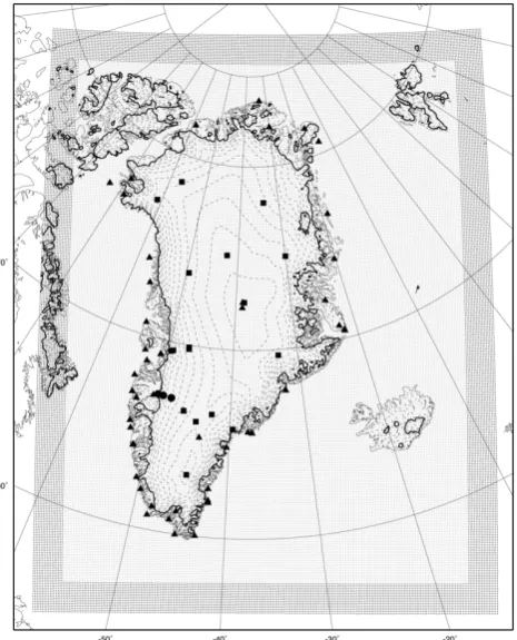 Fig. 1. Map of Greenland featuring the model domain, relaxationborders (the outer 16 grid points represented as dark gray dots), lo-cation of model grid points (light gray dots) and location of observa-tional sites