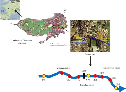 Figure 1. Location of sampling sites upstream (US) (left) and downstream (DS) (right) of the Grézieu-la-Varenne CSO on the Chaudanne, a peri-urban stream