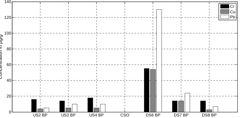 Figure 3 shows the results of metal concentrations in the benthic sediments, upstream and downstream of the CSO