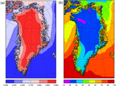 Fig. 8. Annual mean (a) surface albedo [−], and (b) net solar radi-ation [W m−2].