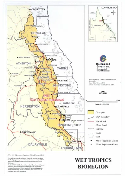 Figure 1.2 The Wet Tropics Bioregion showing local government boundaries (Source: Department of Natural Resources, Queensland 2001)