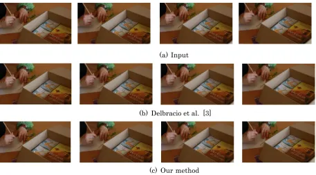 Figure 6. (a) The first row shows the input four frames. (b) The second row shows the four frames deblurred by Delbracio et al.[3]