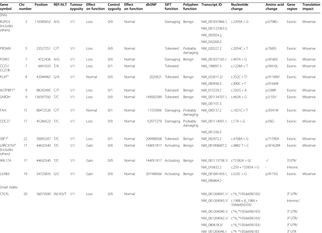 Table 2 The somatic cancer driver SNVs and small indels found in data analysis with Ingenuity Variant Analysis software