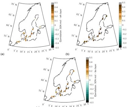 Figure 9. Spatial maps of correlation coefﬁcients between the mean sea level data from Baltic coastal stations and the dune layer thicknessduring autumn (SON) for (a) the white layer, (b) the black layer, and (c) both layers combined.