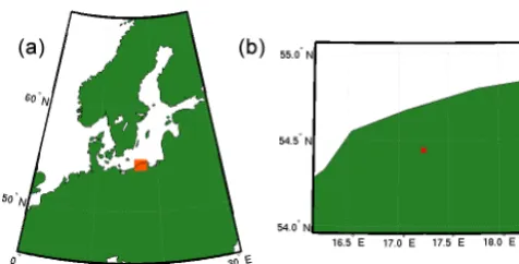 Figure 2. Location of the investigation area. (a) The red box marksthe analysed gridded wind information from coastDat2 (1987–2012)