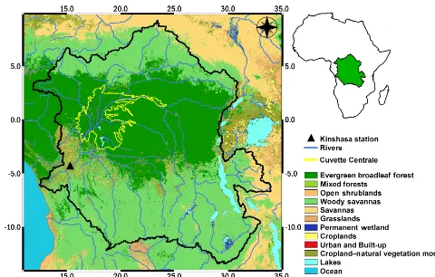 Figure 1. Geographic location of the Congo River basin, whichshows the Kinshasa gauging station, the ﬂuvial system, and the landuse based on 10 years (2001–2010) (source: Broxton et al., 2014).The boundaries of the Cuvette Centrale are contoured in yellow(adapted from Betbeder et al., 2014).