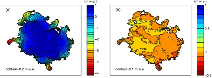 Fig. 7. (a) Mean and (b) altitudinal deviation of the net mass balance distribution for the period 1961–1990, modelled with local meteorolog-ical data