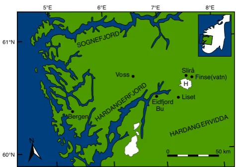 Fig. 1. Map showing the location of Hardangerjøkulen (H) in south-ern Norway and the locations of the synoptic weather stations fromwhich records are used in this study.