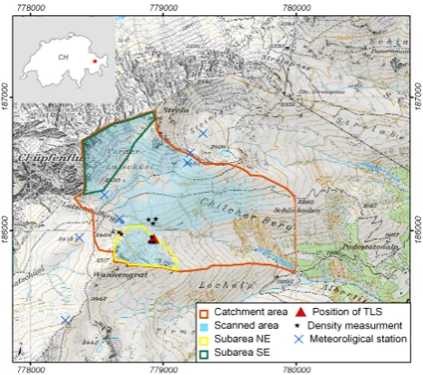 Fig. 1. Location of the Albertibach catchment (marked with thered line), the sub-areas NE (yellow line) and SE (green line), thearea scanned in the TLS surveys (blue), the position of the TLS(red triangle) and of the meteorological stations in the area (bl