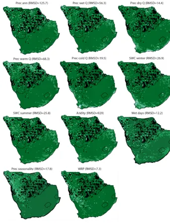 Figure 6. Geographical distributions of the normalized anomalies of the reconstructions of moisture-like variables (Eq