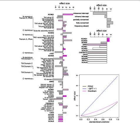 Figure 6 Magnitude of effect sizes estimated from the full LQTS model. A positive effect size indicates that the evidence supportspathogenicity, whereas a negative effect size indicates evidence against pathogenicity