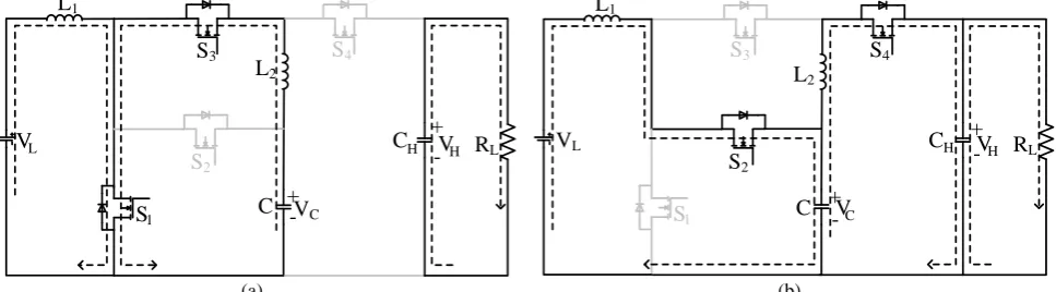 Fig. 1 BDC and its equivalent circuits in the step-up and step-down mode: a) BDC, b) Equivalent circuit in the step-up mode, and c) Equivalent circuit in the step-down mode