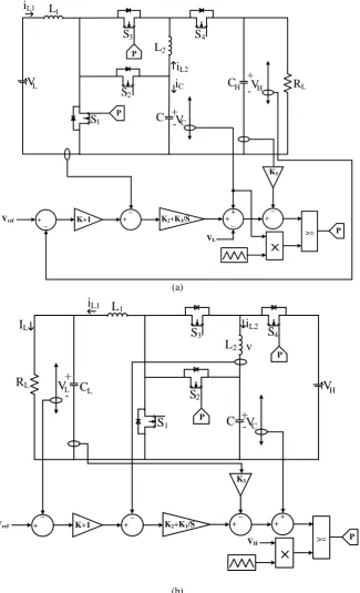 Fig. 4  Simulated circuit of reduced-State CFSMCC for BDC: a) Step-up mode and b) Step-down mode
