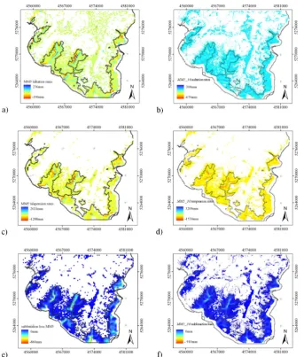 Fig. 13. Predicted loss and gain of SWE due to wind induced snow transport at Blaueis glacier (a) 30 m resolution results using MM5 windﬁelds, (b) 200 m resolution results using MM5 wind ﬁelds (the results were ﬁtted to the 30 m grid for the presentation).