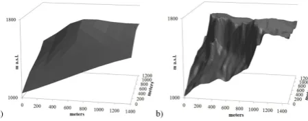 Fig. 2. Test site Reiteralm within the smoothed 200 m MM5 DEM(a), and with a original 30 m resolution (b).