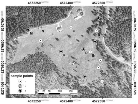 Fig. 8. The points indicating the position of the snow gauges. Whitepoints with a large black dot in the middle indicate that the mod-elled snow depth of the winter season 2004/05 was in average morethan 10% higher than the measured one, whereas white poin