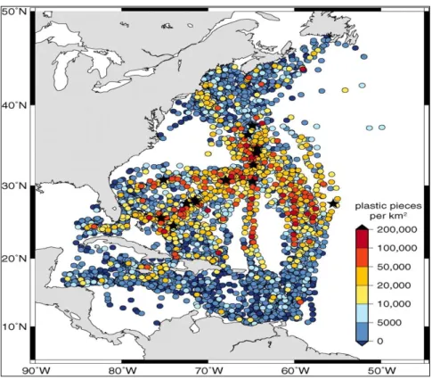 Fig. 9. Distribution of plastic marine  litter collected in 6136 surface plankton  net tows (1.0 x 0.5 m mouth with a 335 µm mesh net) on annually repeated  cruise  tracks  from  1986  to  2008  in  the  western  North  Atlantic  Ocean  and  Caribbean  Sea