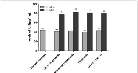 Fig. 1 The relationship betweenH. pylori H. pylori infection and IL-8 expression. The levels of IL-8 were significantly higher in various gastric mucosae with infection than in those without H