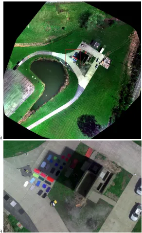 Figure 3.5: a) Nadir view of shadow collection experiment and b) zoomed in version showing the buildingand deployed targets in the shadow.