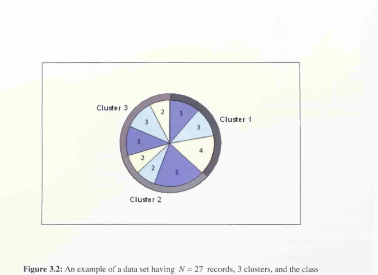 Figure 3.2:  An example of a data set having  N  = 27  records,  3  clusters,  and the class 