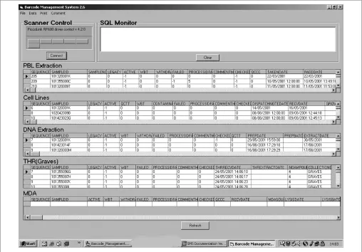 Figure 3. The barcode management system front page, showing some of the blood processing stages and the window for scanner