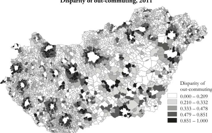 r, Székesfehérvár and Budapest. Figure 3 Disparity of out-commuting, 2011 