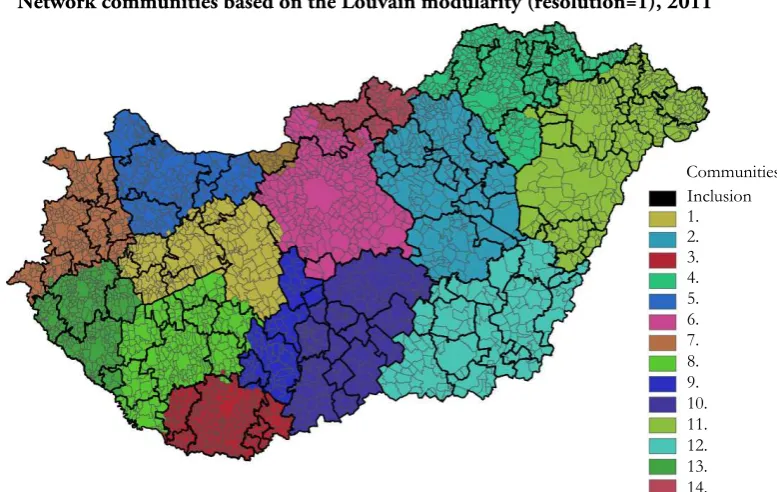 Kunszentmárton, Solt, Csurgó, Sopron and Kapuvár). Figure 5 Network communities based on the Louvain modularity (resolution=1), 2011 