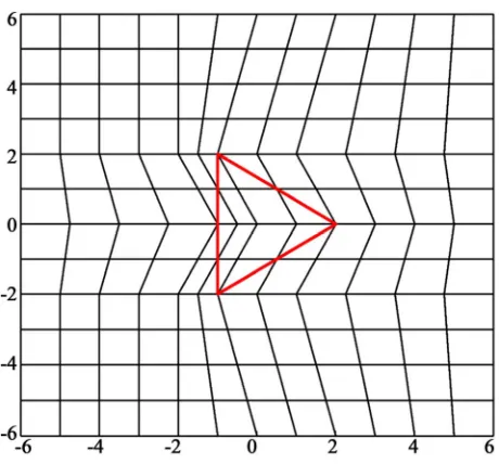 Figure 2. A sample non-orthogonal 8 by 8 quadrilateral mesh near a triangular wedge using diagonal split-cell mo- del