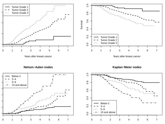 Figure 2.1: Nelson-Aalen and Kaplan-Meier plots for the breast cancer pa- pa-tients according to tumor grade (upper panel) and number of positive lymph nodes(lower panel)