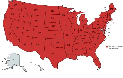 Figure 1.2: Non-Native Phragmities affected states of the USA(image reproduced from [1] usingmapping tool [2])