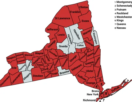Figure 1.3: Non-Native Phragmities affected counties of The New-York state(image reproducedfrom [1] using mapping tool [2])