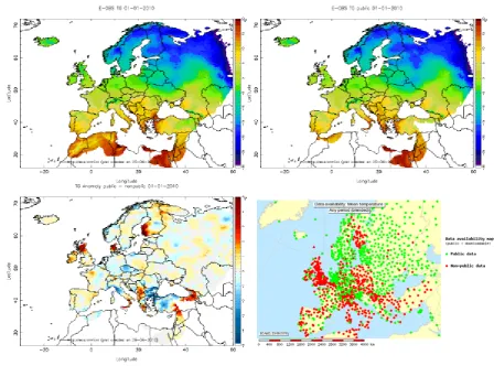 Figure 4. Daily temperature field observed in Europe on 1 Jan 2010 as generated using all available stations (a), or public stations only (b)