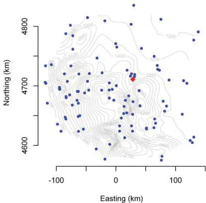 FIGURE 7.  Results of applying our homogenization algorithm to the Reno data.  The solid curve is the original estimate of trend from the target series