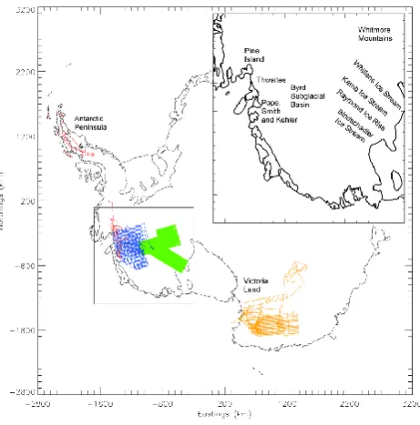 Fig. 1. Validation datasets. Red ﬂight lines indicate the positionof the CECS/NASA data, blue ﬂight lines indicate AGASEA data,green ﬂight lines indicate SOAR CASERTZ data and yellow ﬂightlines indicate the position of ISODYN/WISE data
