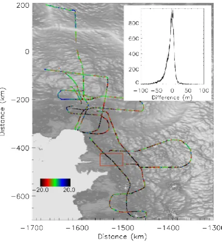 Fig. 2. Difference between the CECS/NASA data and the DEM inthe peninsula region overlaid on a shaded relief of the DEM