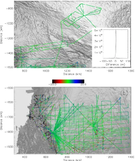 Fig. 6. Difference between the SOAR CASERTZ data and the DEMin the Siple coast region overlaid on a shaded relief of the DEM.Inset shows a histogram of the differences.
